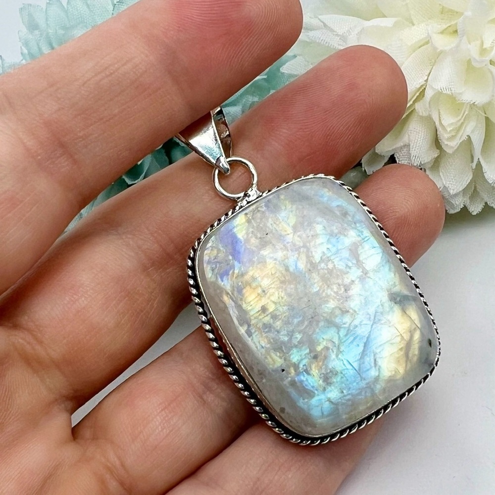 Rainbow Moonstone Pendant Sterling Silver 925 Rectangular Vintage Style New - Picture 3 of 7